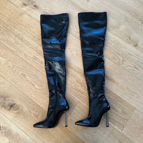 Michael Costello x Revolve Marian Patent Leather Over the Knee Boots in Shiny Bl - Picture 1 of 6